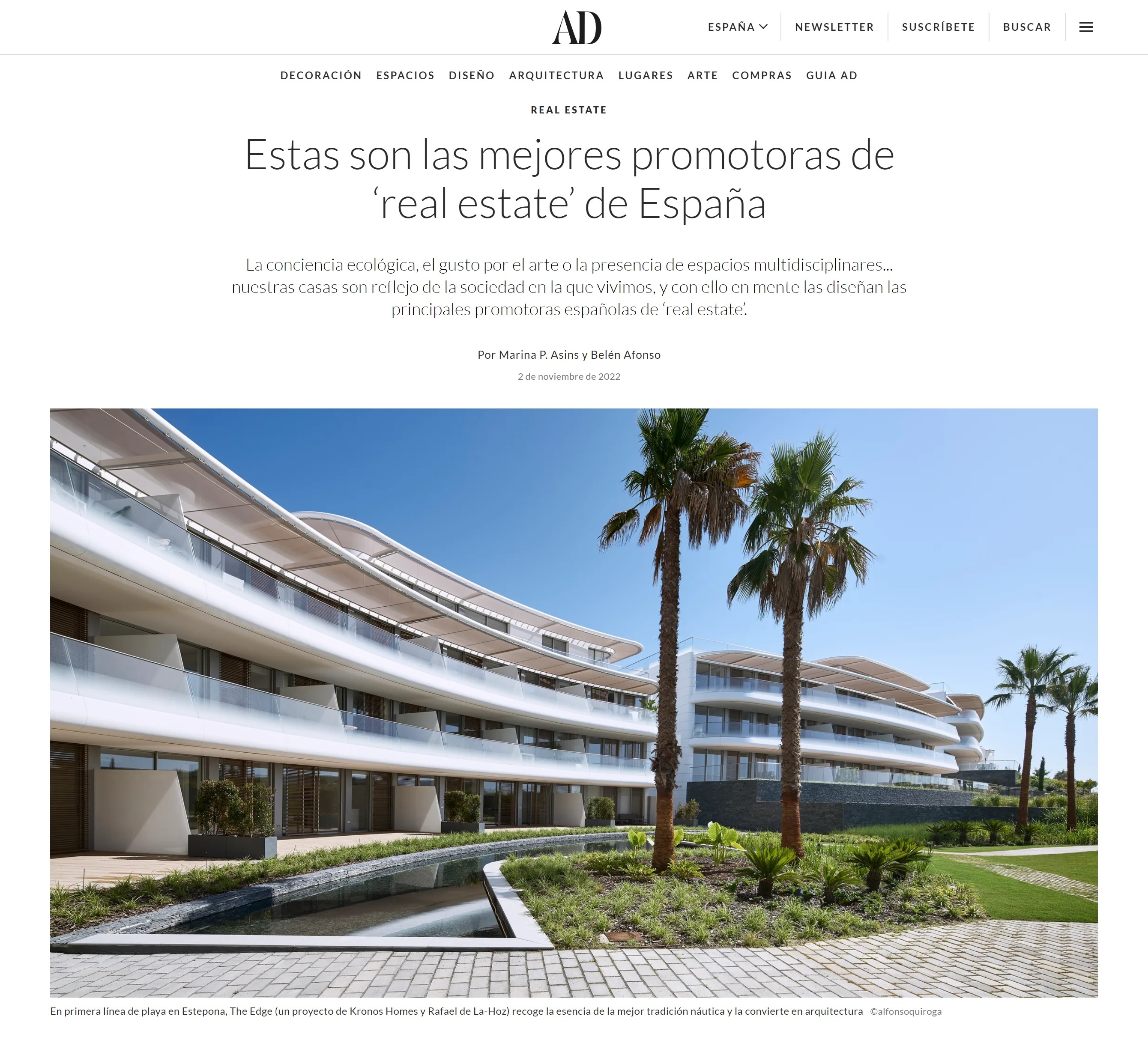 Kronos Homes, entre las mejores promotoras de real estate español según la revista AD